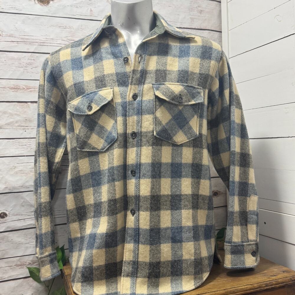 VTG 70s Woolrich Heavy Thick Wool Plaid Blue Gray Button Shirt Jacket L Large
